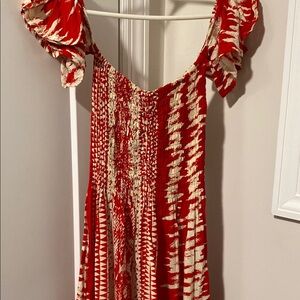 Vibrant Red and Cream Tie-Dye Dress fully smocked top and waist
